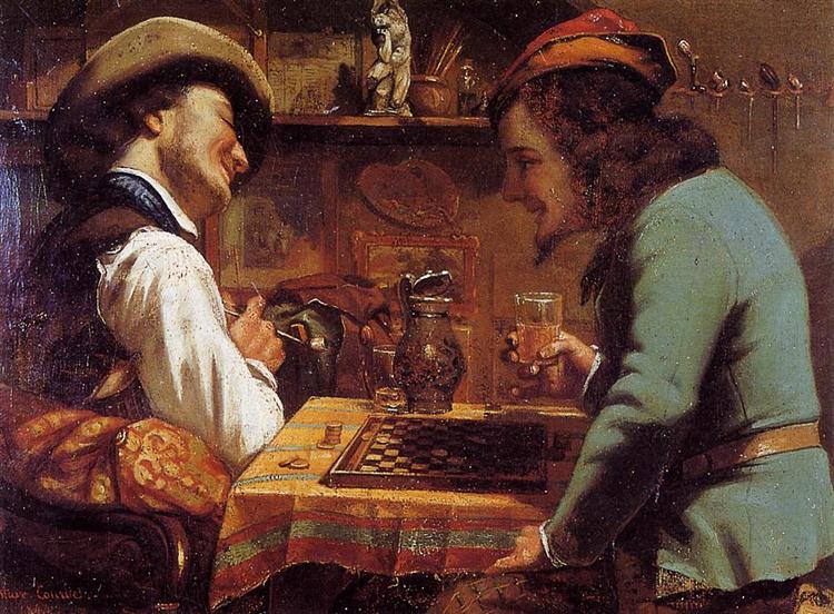 Painting 'The Draughts Players' by Gustave Courbet, showing two men engaged in a game of checkers, a scene of leisurely life in 19th-century France.