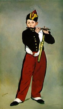 Edouard Manet's 'The Fifer' painting depicting a young boy in a military uniform playing a flute, showcasing the artist's bold use of realism and flatness.