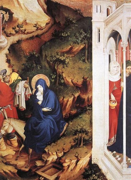 Artistic panel showing the Virgin Mary and Joseph during the Flight into Egypt, with soldiers in the background, amidst a rocky landscape.
