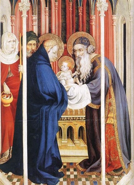 Panel from an altarpiece showing the Presentation of Christ in the Temple, with Mary, Joseph, and the high priest Simeon in a richly adorned Gothic church.