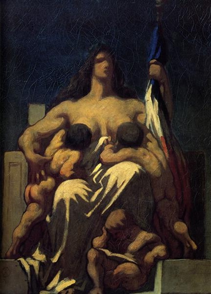 Painting titled 'The Republic' by Honoré Daumier, depicting a robust female figure embodying the French Republic.