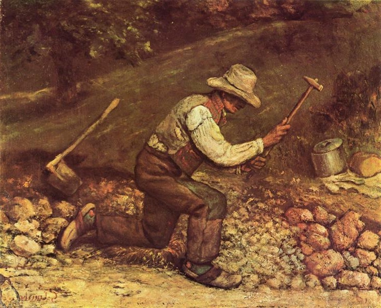 Realist painting 'The Stone Breakers' by Gustave Courbet, illustrating two laborers in the act of breaking stones, reflecting the harsh realities of rural life near Ornans.