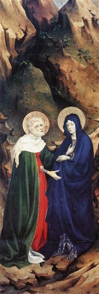 Detail from an altarpiece showing the Virgin Mary and Elizabeth in the scene of the Visitation, set against a barren, rocky backdrop.
