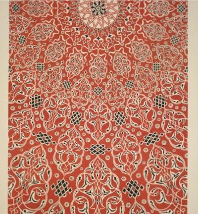 Intricate red and white Turkish ornament pattern from Owen Jones's 'The Grammar of Ornament'.