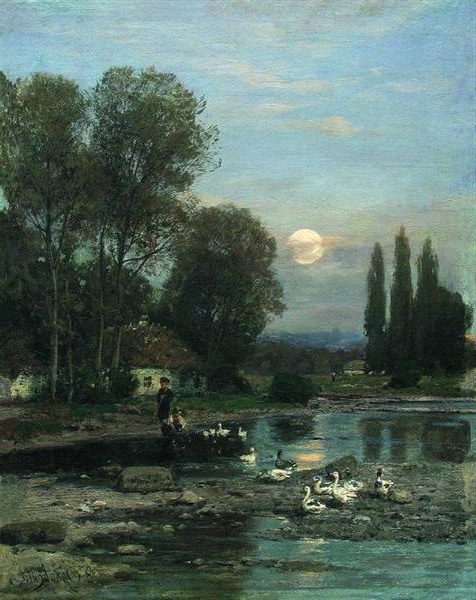Evening landscape painting by Volodymyr Orlovsky showing ducks on a river under a moonlit sky with tall trees.