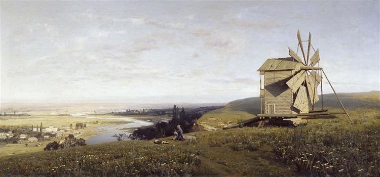 1882 landscape painting by Volodymyr Orlovsky of a windmill on a hill with a sweeping view of a river and sky.