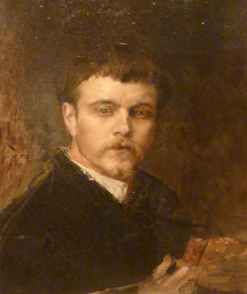 Oil self-portrait of Jules Bastien-Lepage, featuring the artist with a solemn expression, dark hair, beard, and mustache, dressed in a black garment with a white collar.