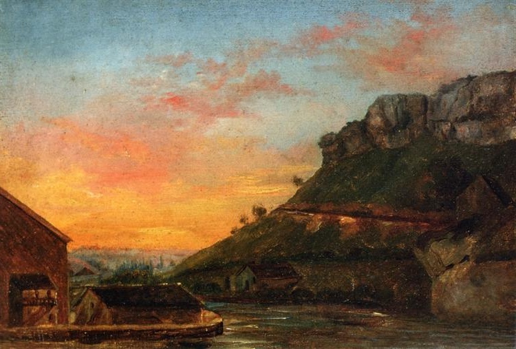 Landscape painting by Gustave Courbet titled 'Valley of the Loue' depicting a tranquil river scene at dusk with vibrant sunset skies over Ornans.