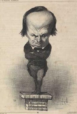 Caricature by Honoré Daumier of Victor Hugo standing atop a pile of his books, with an oversized head and contemplative expression.