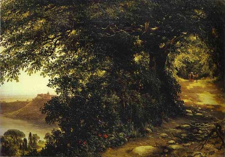 Landscape painting by Mikhail Lebedev depicting a lush pathway leading to a distant castle, exemplifying realism in 19th-century Russian art.