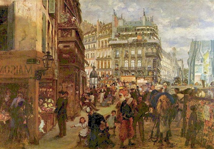Adolph Menzel's 'Weekday in Paris' painting, a bustling 19th-century street scene with rich detail and vibrant Realist portrayal.