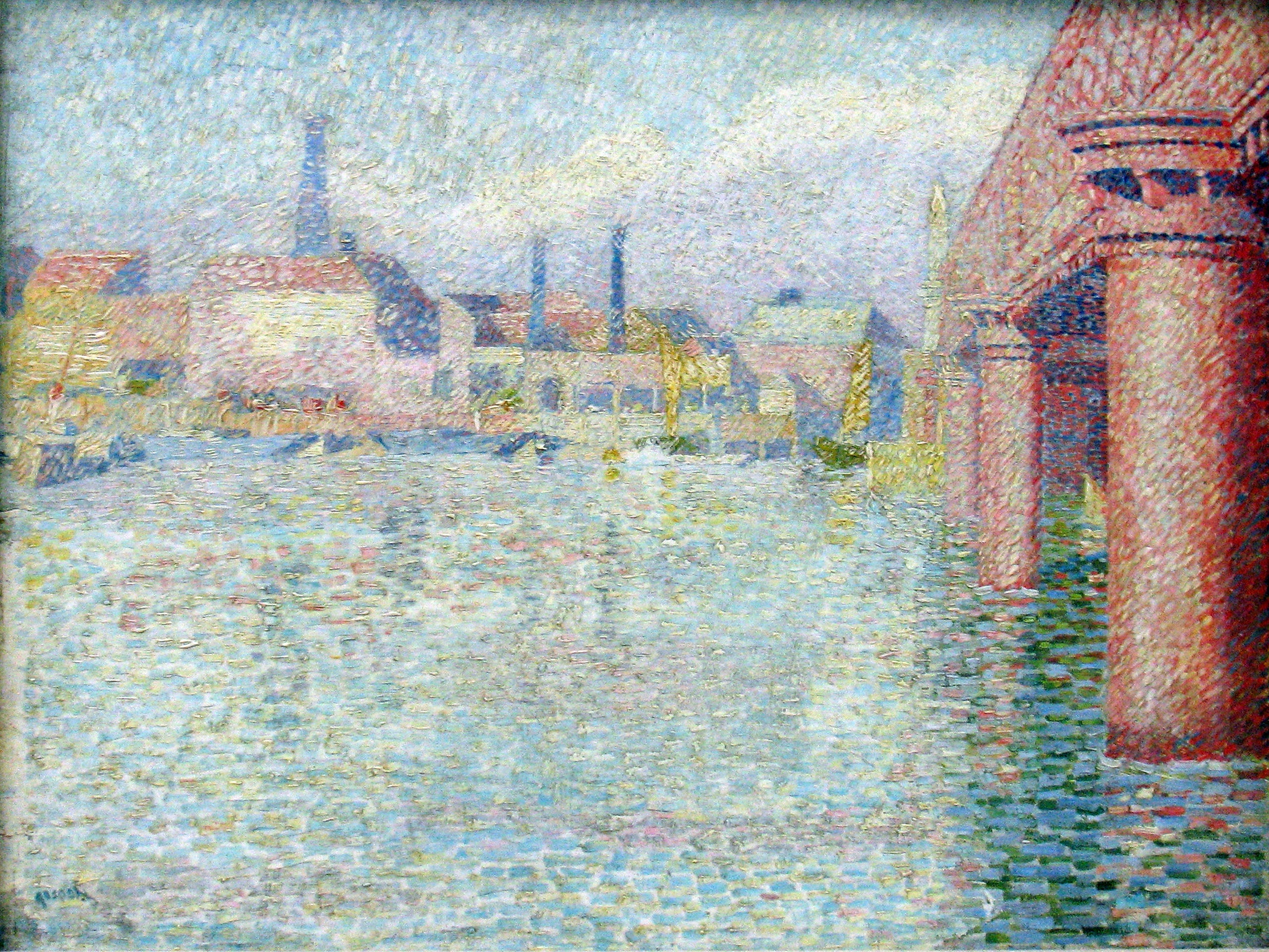 Jan Toorop's painting of a bustling London bridge, employing pointillism to capture the city's dynamic energy and the river's reflective dance.