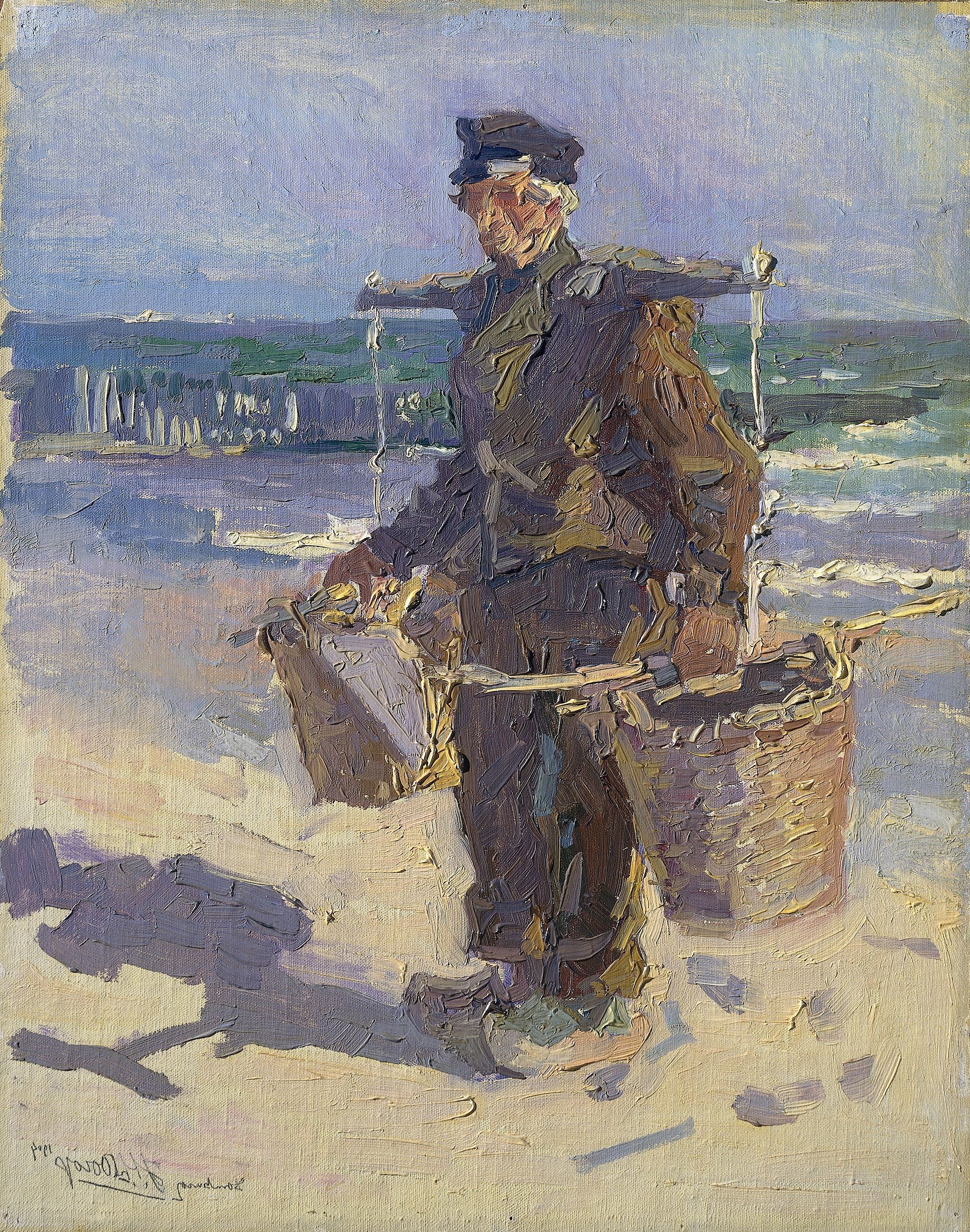 Vivid portrait by Jan Toorop of a shell fisher at work, exemplifying the artist's engagement with the theme of labor and the Dutch spirit.