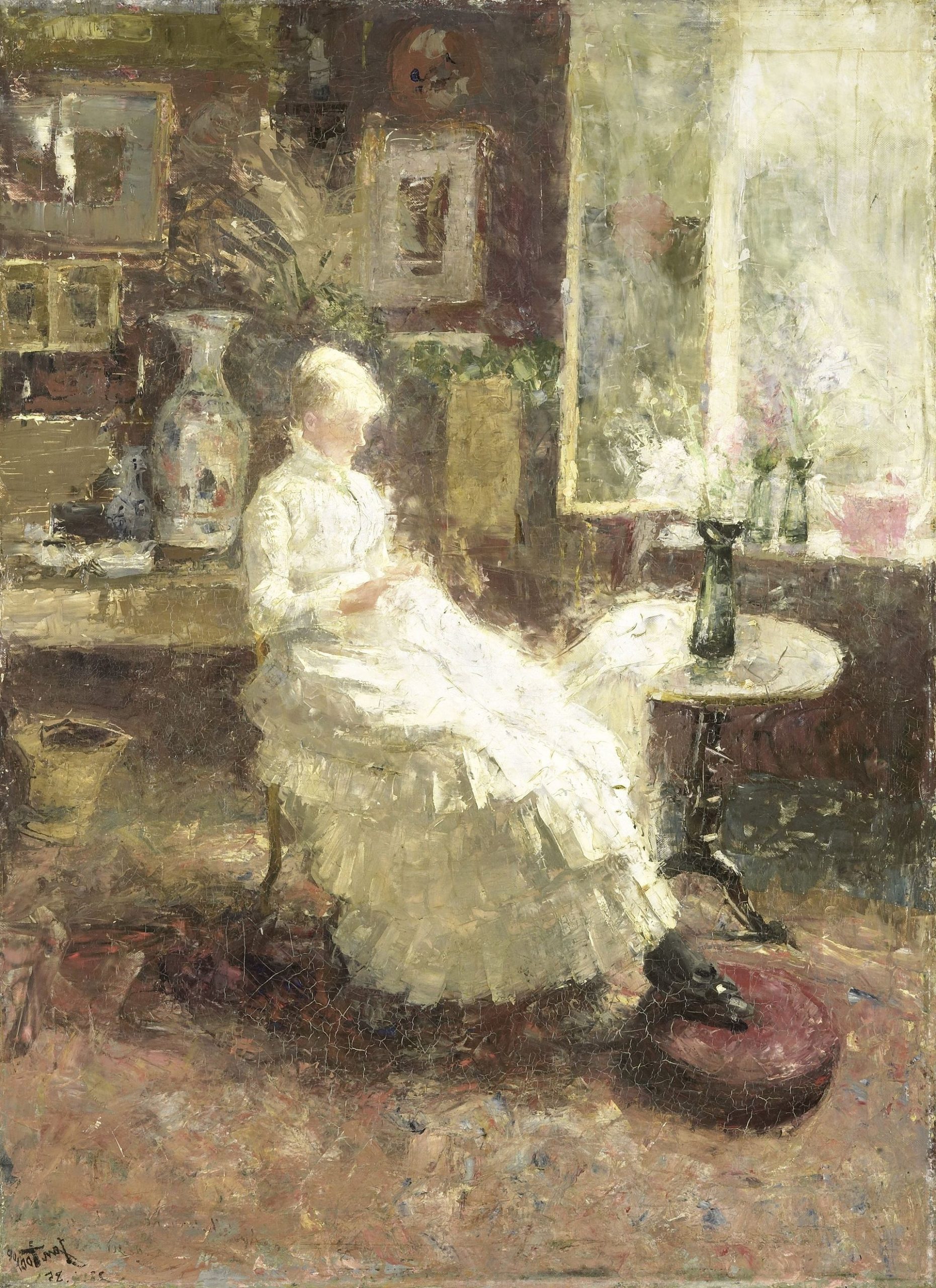 Impressionistic painting by Jan Toorop of Annie Hall reading peacefully, showcasing his delicate use of light and shadow.