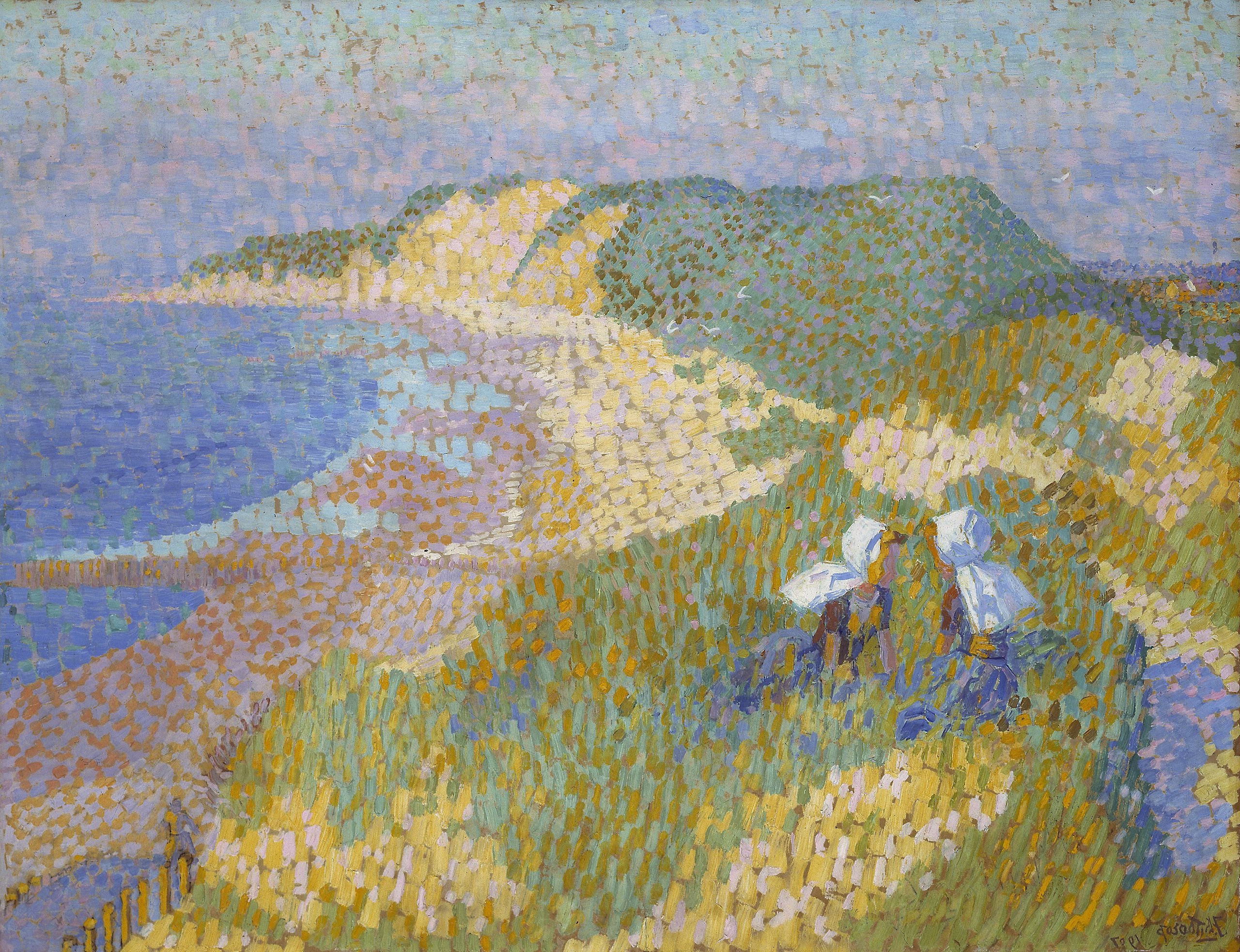 Pointillist painting by Jan Toorop showcasing the colorful dunes and serene sea of Zoutelande, reflecting his mastery of color and light.