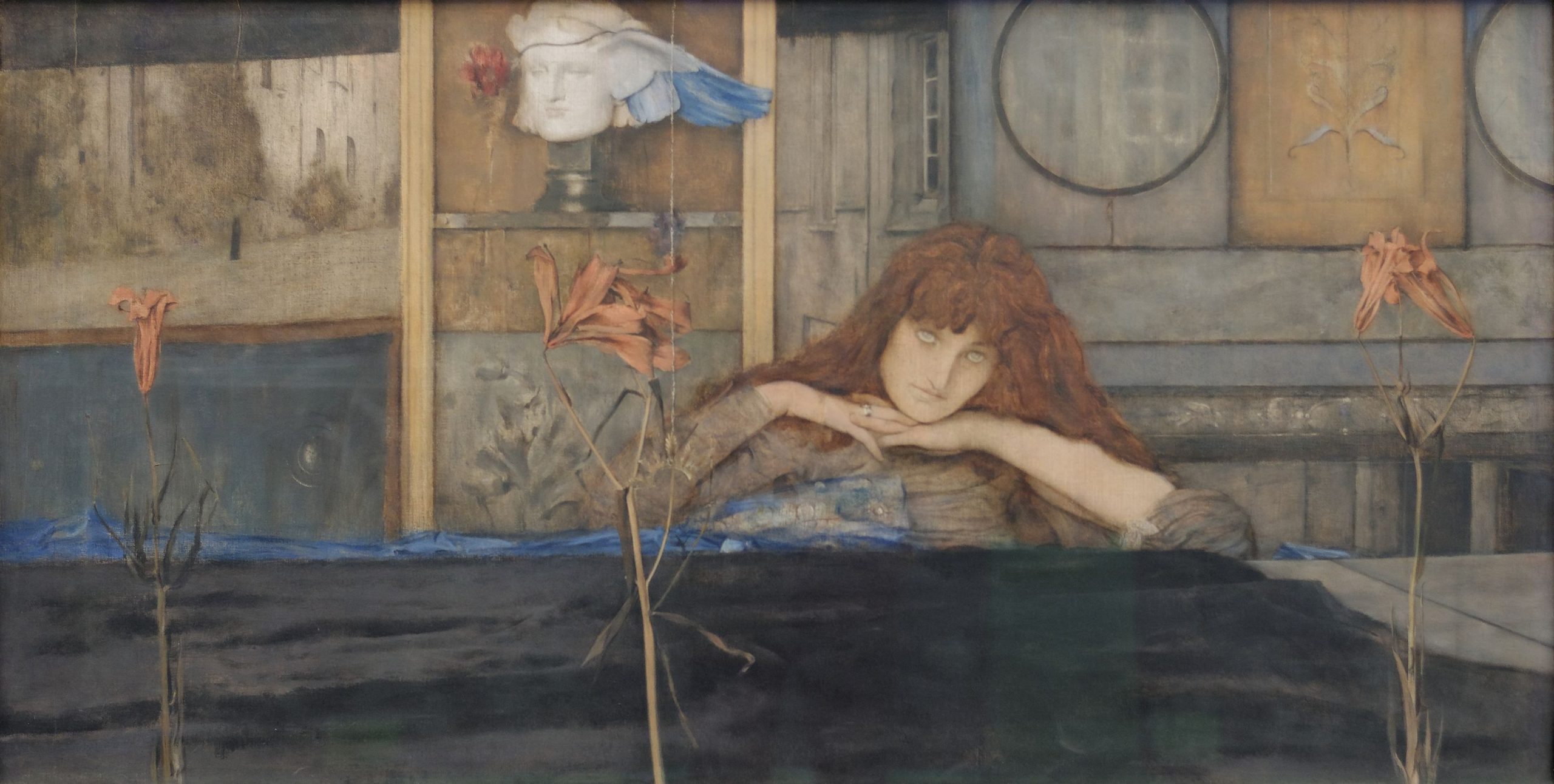 Symbolist painting by Fernand Khnopff titled 'I Lock My Door Upon Myself' featuring a red-haired woman leaning on a table with her chin on her hands, surrounded by wilting flowers, a classical bust, and a mirror reflecting an empty room.