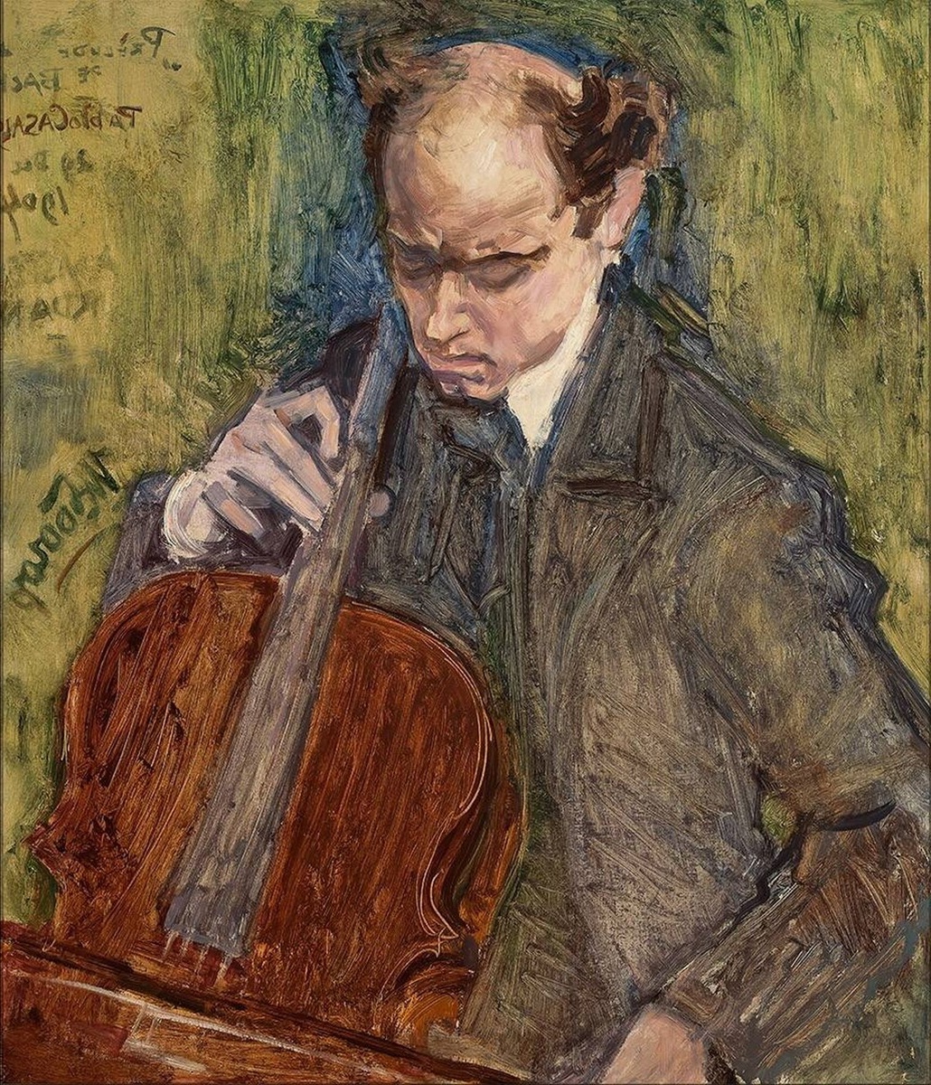 Oil painting by Jan Toorop of a concentrated cellist, exemplifying Toorop's dynamic brushwork and emotional depth.