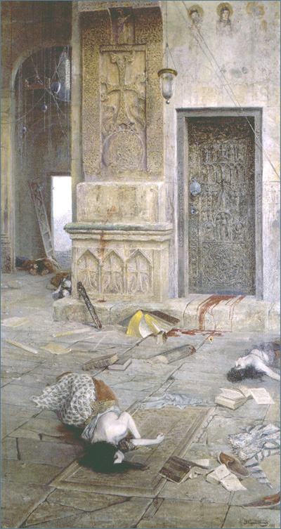 Vardges Sureniants' painting 'After the Massacre' depicting the tragic stillness of fallen figures and ruined artifacts in a desecrated architectural space.