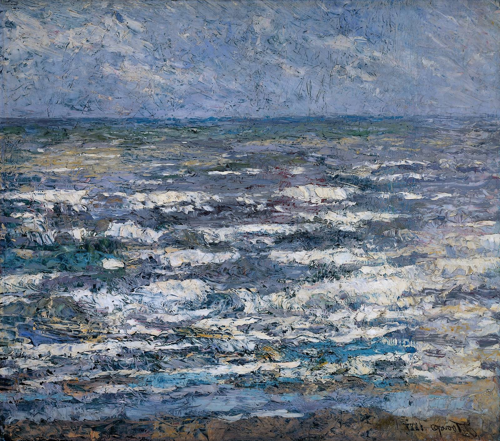 Jan Toorop's painting titled 'The Sea' from 1887, depicting the dynamic and powerful ocean waves with textured brushstrokes.