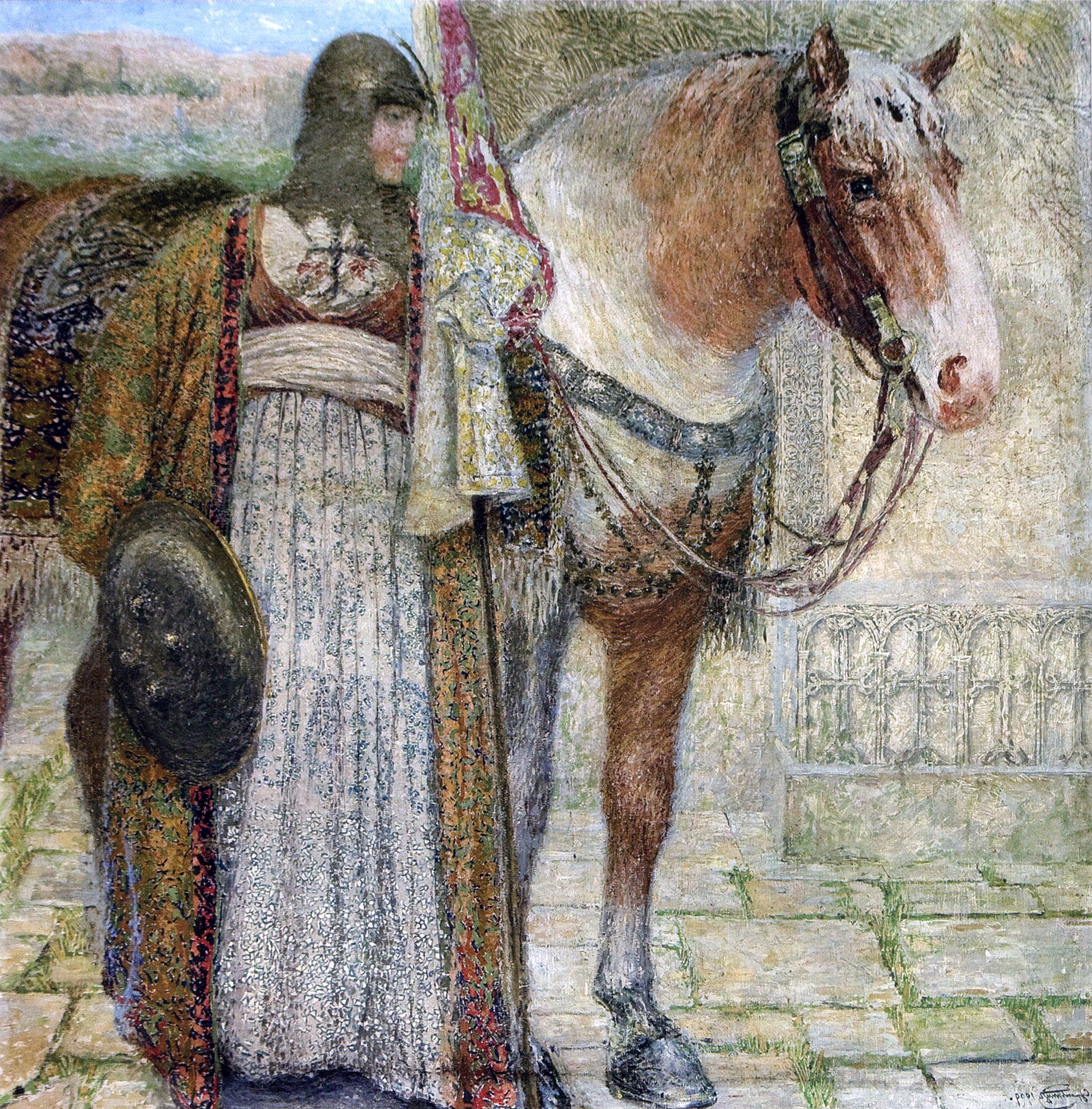 Oil painting of an Armenian knight in embroidered attire standing next to a decorated horse, against a backdrop of ancient stone architecture.
