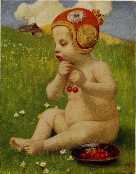 Artwork by Marianne Stokes featuring a child enjoying cherries in a meadow, embodying the idyllic charm of Victorian England's countryside.