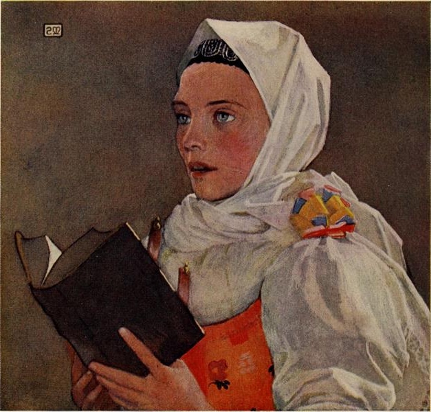 Marianne Stokes's painting of a young girl in traditional costume reading a book, a testament to the empowerment of education in Victorian England.