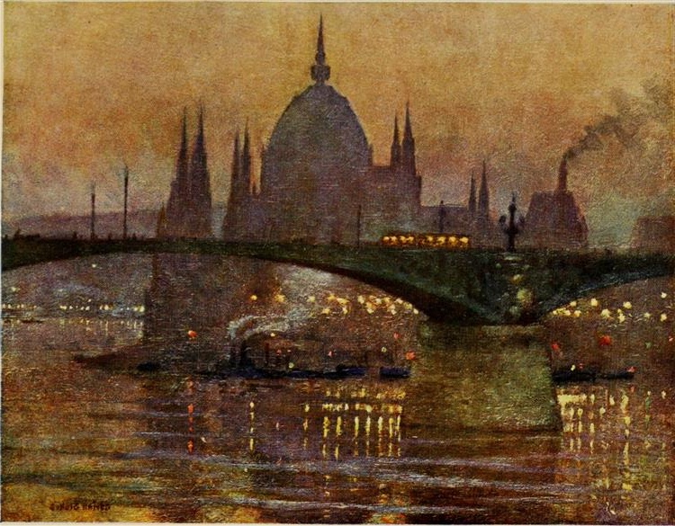 European cityscape painting by Marianne Stokes, radiating the tranquil beauty of twilight, indicative of her stature as a celebrated woman artist in Victorian England.