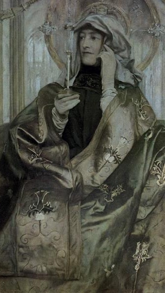 Painting by Fernand Khnopff, 'Incense' (1898), showing a woman in opulent robes holding a censer, embodying the Symbolist movement's thematic richness and mystical overtones.