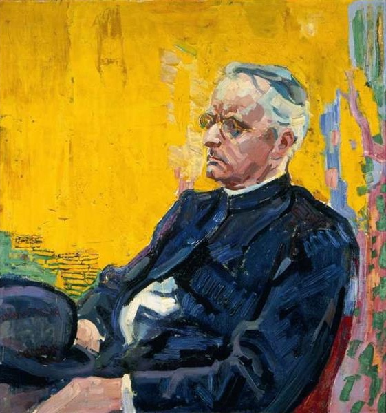 Jan Toorop's colorful portrait of Johann Heinrich Schürs, highlighting the juxtaposition of introspection and vibrant color.