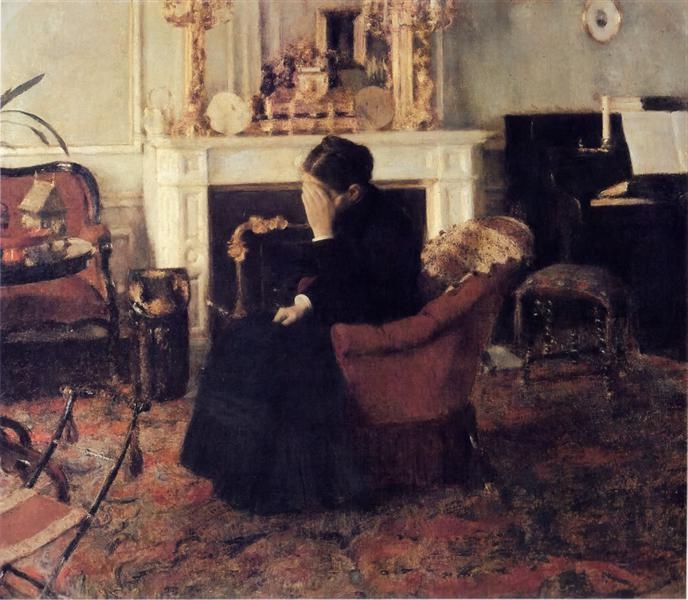 1883 painting by Fernand Khnopff, 'Listening to Schumann,' depicting a woman in a black dress seated by a fireplace, lost in thought, encapsulating the Symbolist movement's focus on evocative, internal experiences.