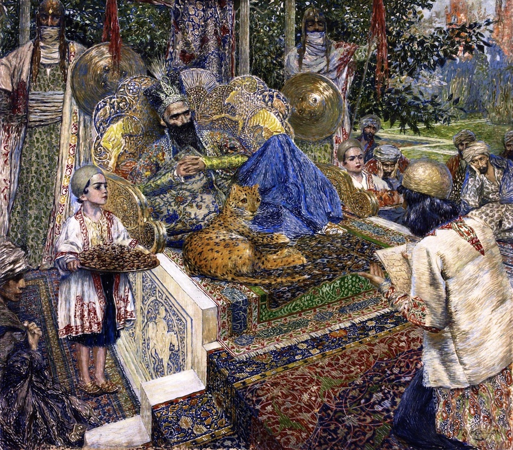 Vardges Sureniants' painting depicting a lively Armenian royal court scene, with richly dressed figures, ornate textiles, and a leopard resting by the throne.