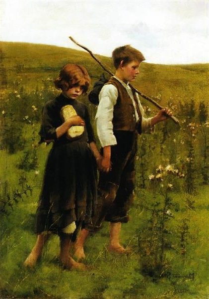 Marianne Stokes's painting of two children walking through a field, evoking the daily life and labor in Victorian England's rural landscape.