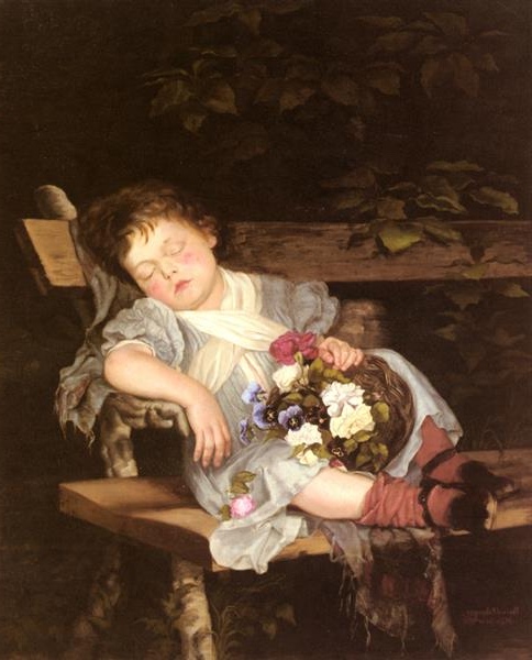 Painting by Marianne Stokes of a sleeping child holding flowers, encapsulating the innocence and tranquility of Victorian childhood.