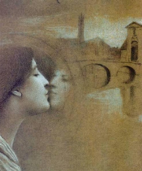 Symbolist drawing 'My Heart Cries for the Past' (1889) by Fernand Khnopff, featuring a woman with a ghostly reflection before an ancient cityscape, evoking the transient nature of time and memory.