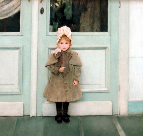 Portrait of Jeanne Kefer (1885) by Fernand Khnopff, depicting a young girl in a brown overcoat standing in front of a light blue door, embodying the delicate realism of the Symbolist movement.