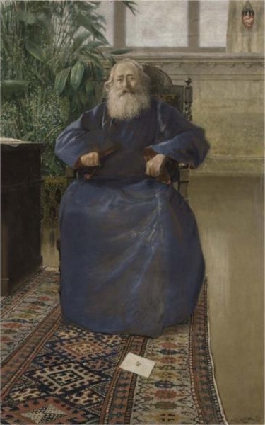 1906 portrait by Vardges Sureniants of Mkrtich Khrimian seated in a blue robe, embodying the solemn dignity of Armenian ecclesiastical tradition.