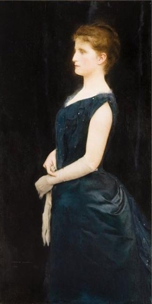 Painting 'Portrait of Mrs. Botte' (1896) by Fernand Khnopff, capturing a woman in a dark blue dress, epitomizing the Symbolist movement's focus on dignified and introspective portraiture.