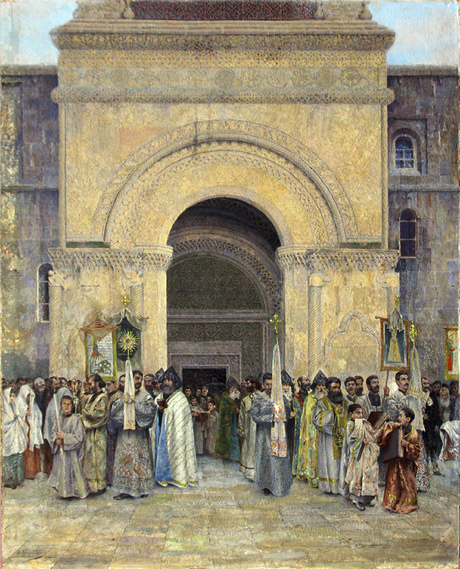 Vardges Sureniants' artwork showing a detailed procession of Armenian clergy and laypeople in traditional dress, in front of a grand stone church.
