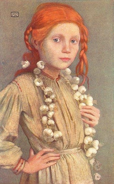 Portrait by Marianne Stokes of a Romanian garlic seller, illustrating the rich cultural tapestry and daily commerce of Victorian-era Europe.