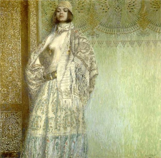 Vardges Sureniants' 'Salome' from 1907, showing the titular character in a richly patterned shawl and headdress, with a golden ornate background suggesting an air of mystique.