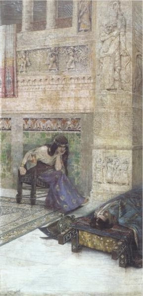 Painting 'Semiramis and Dead Ara the Beautiful' by Vardges Sureniants, depicting the queen grieving over a fallen warrior in a richly adorned ancient setting.