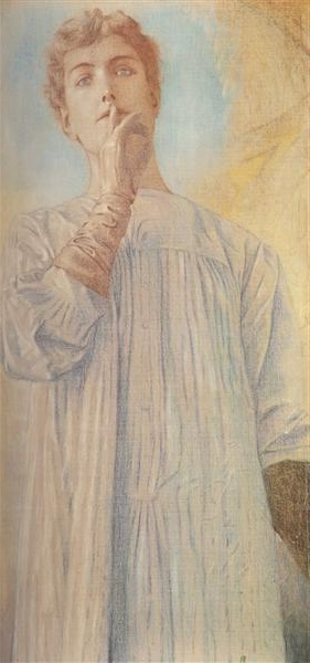 Fernand Khnopff's 'Silence' (1890), a Symbolist drawing of a woman in a flowing gown with her finger to her lips, against a dreamy background, invoking the movement's ethereal quality.