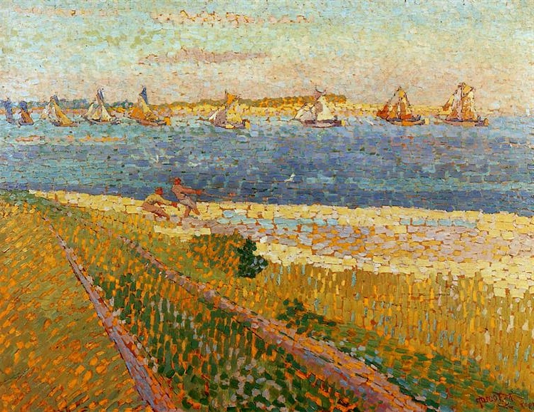 Pointillist seascape by Jan Toorop, capturing the serene Schelde river at Veere with sailing boats in the distance.