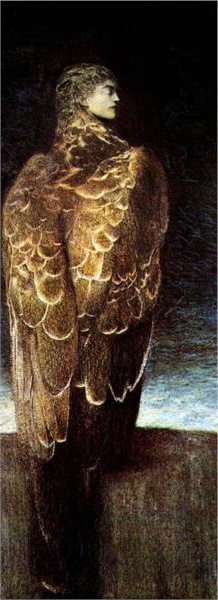The Sleeping Medusa (1896) by Fernand Khnopff, a Symbolist painting depicting a woman with golden feather-like patterns on her back, reminiscent of wings, set against a nocturnal seascape.