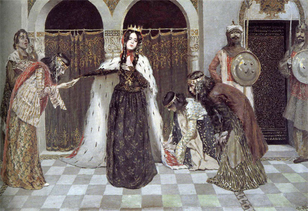The painting 'Zabel' by Vardges Sureniants, portraying a tense moment among richly dressed figures in an Armenian palace setting, full of narrative intrigue.