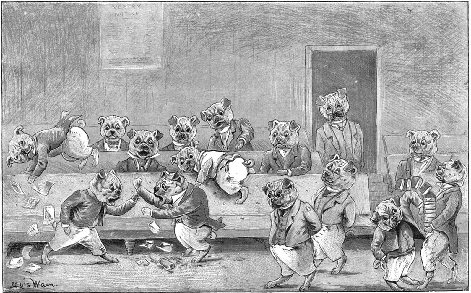 Black and white sketch by Louis Wain titled 'A Vestry Meeting,' featuring anthropomorphic dogs in a chaotic council meeting.