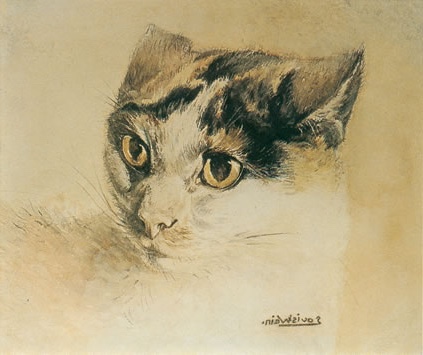 Realistic sketch of a cat by Louis Wain, with detailed fur texture and expressive eyes, conveying a sense of contemplation.