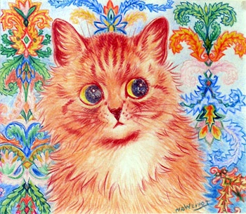 A colorful, intricate drawing of a cat's face by Louis Wain, set against a vibrant patterned background.