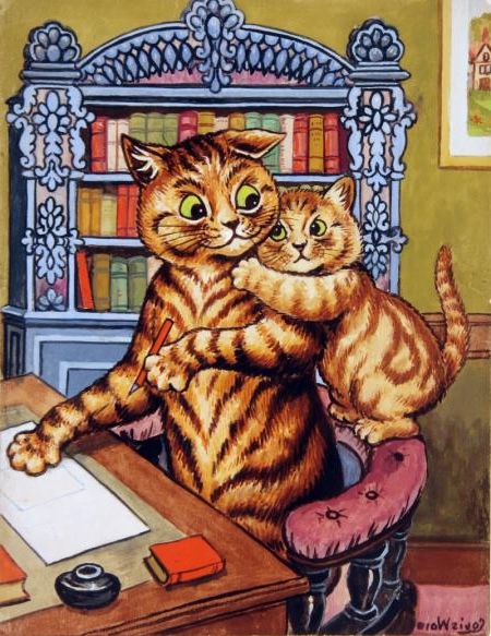 Louis Wain illustration of two cats at a writing desk, one holding a pen, evoking a whimsical human-like office scene.