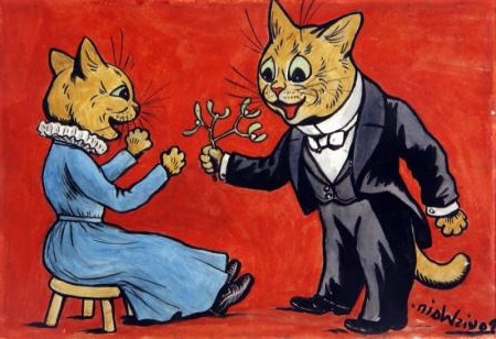 Colorful Louis Wain painting of a cat presenting mistletoe to another, capturing a playful and festive moment.